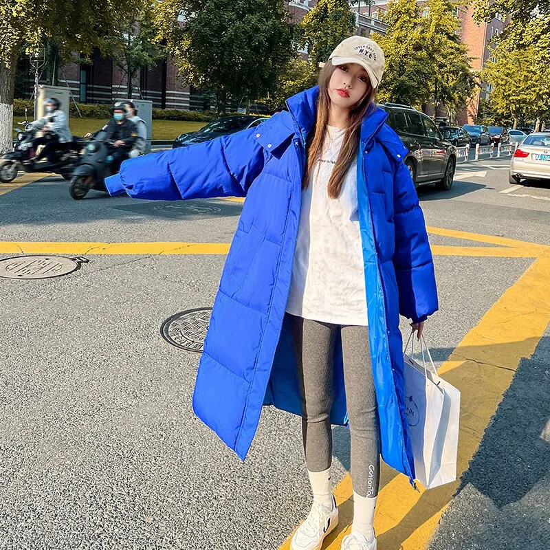 Purpdrank - 2023 Korean Jacket Women Winter X-long Parkas Solid Hooded Thicken Warm Female Snow Wear Coat Padded Loose Clothes