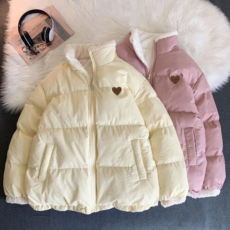 Purpdrank - Cute Embroidery Parkas Coat Women Winter Korean Fashion Thick Loose Warm Jacket Double Sided Design Pink Student Clothes