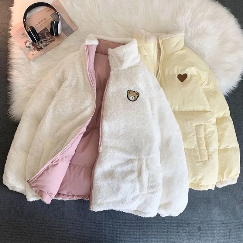 Purpdrank - Cute Embroidery Parkas Coat Women Winter Korean Fashion Thick Loose Warm Jacket Double Sided Design Pink Student Clothes