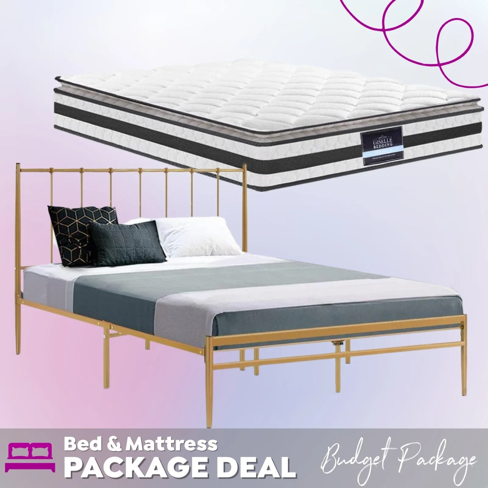 Queen Package | Amor Metal Bed Gold & Normay Pillow Top Mattress (Medium Firm)