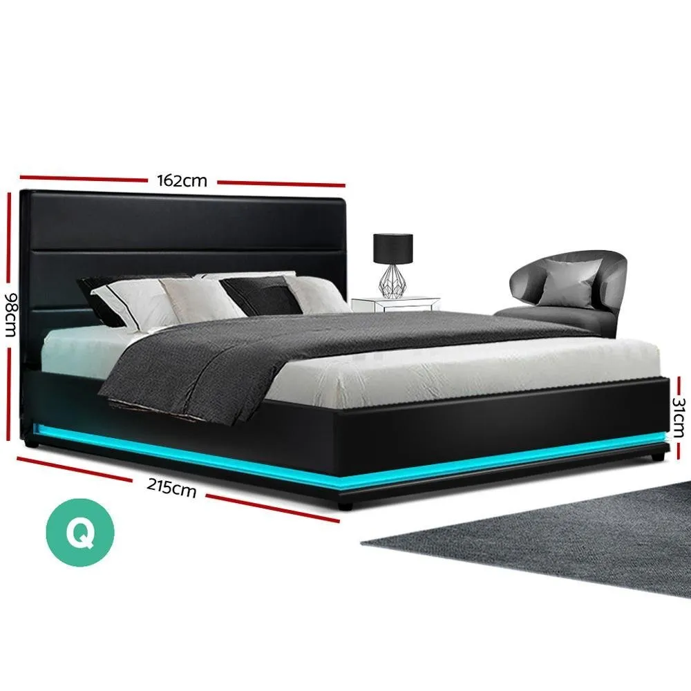 Queen Ultra Package | Henley LED Bed Black, 2 x LED Bedside Tables, Platinum Series 7 Zone Dual Euro Top Mattress, Pillowtop Mattress Topper & 4 x Pillows