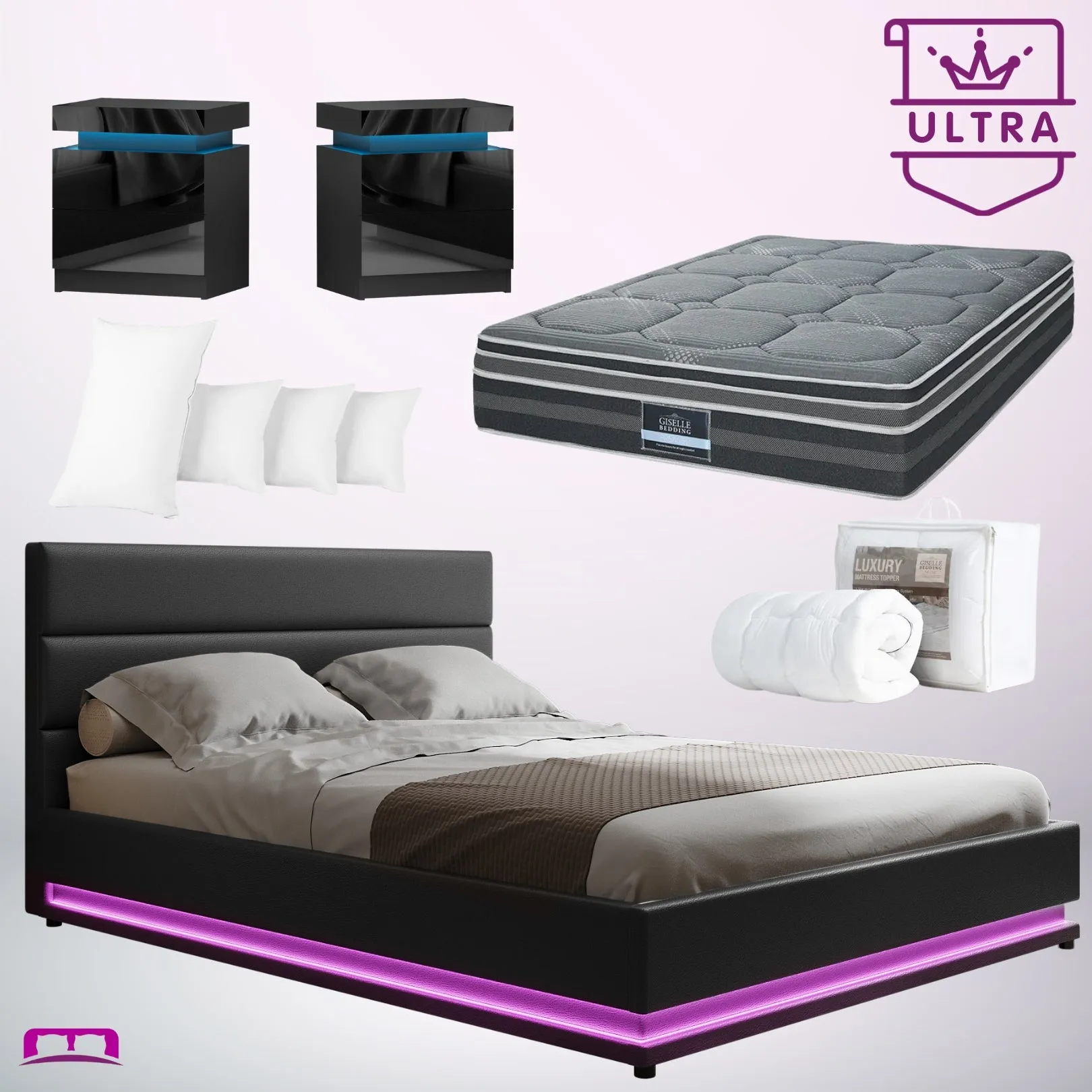 Queen Ultra Package | Henley LED Bed Black, 2 x LED Bedside Tables, Platinum Series 7 Zone Dual Euro Top Mattress, Pillowtop Mattress Topper & 4 x Pillows