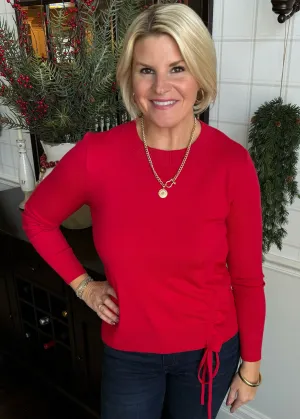 Red Side Tie Cinch Sweater