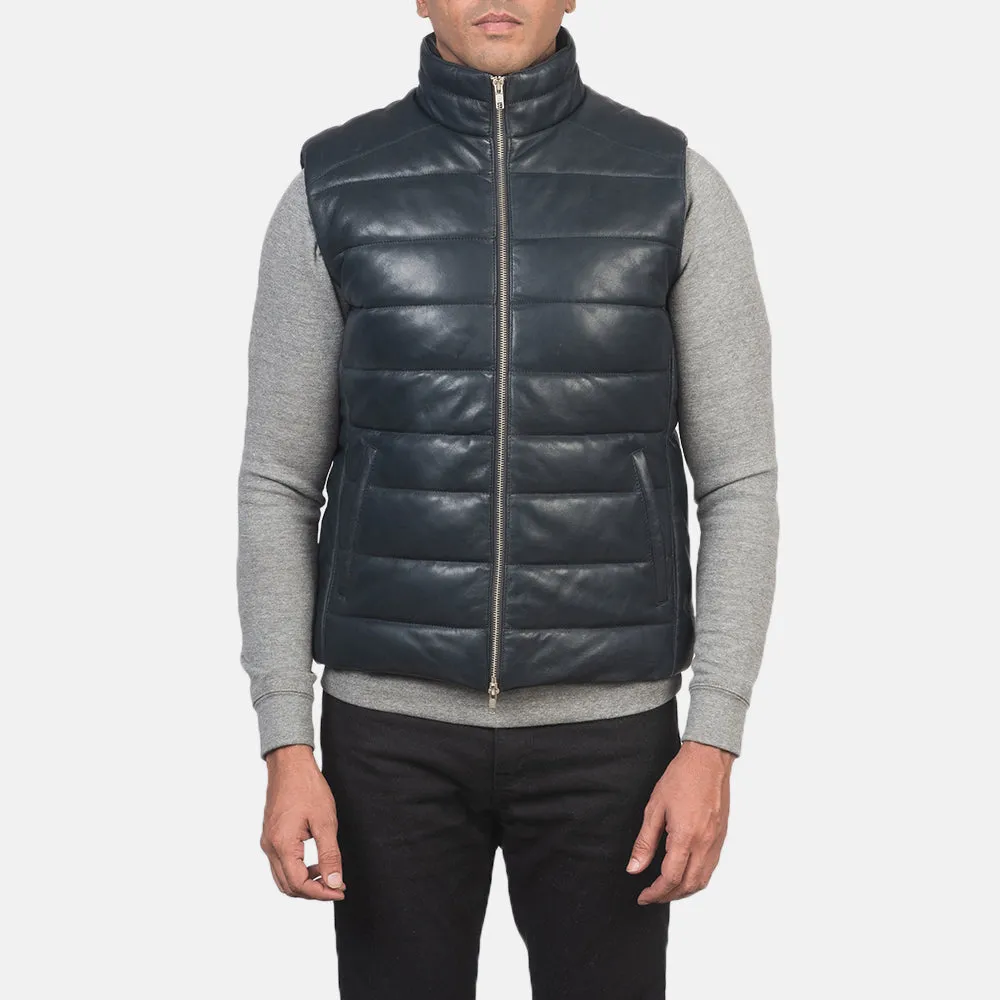 Reeves Blue Leather Puffer Vest