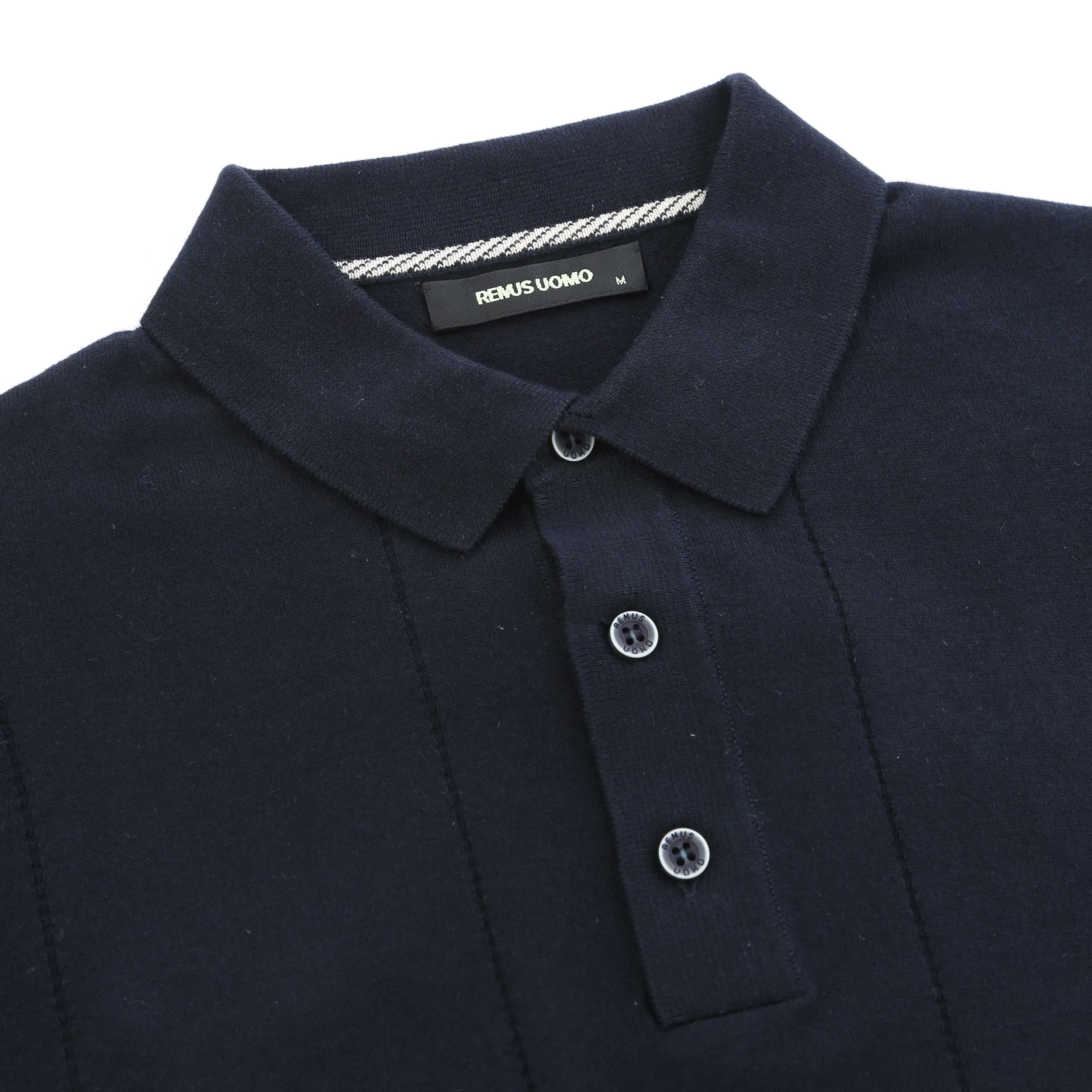 Remus Uomo Vertical Lines 3 button Knitted Polo Shirt in Navy