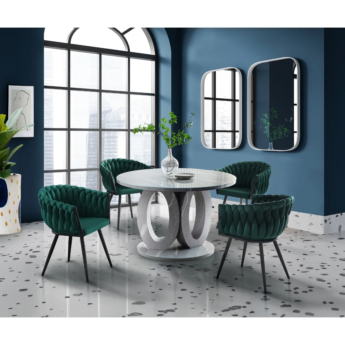 Round Glass & Faux Carrara Marble Dining Table - Seats 4, Modern Design