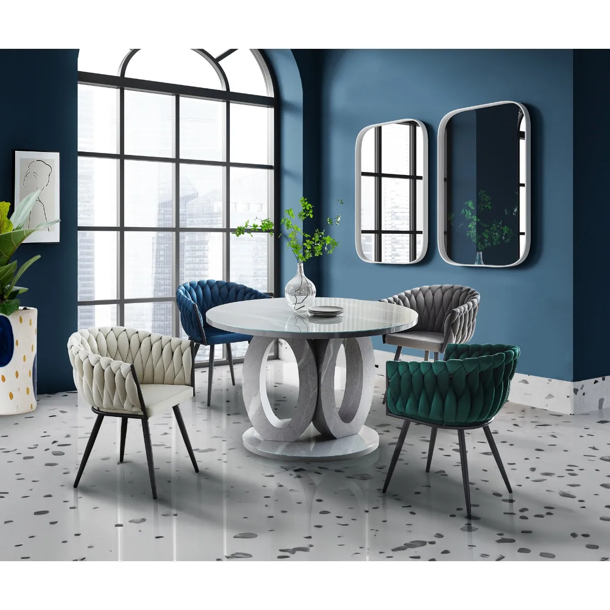 Round Glass & Faux Carrara Marble Dining Table - Seats 4, Modern Design