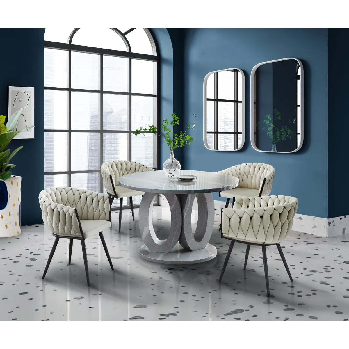 Round Glass & Faux Carrara Marble Dining Table - Seats 4, Modern Design