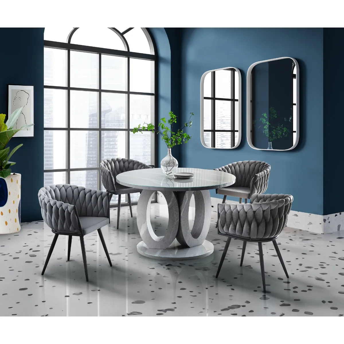 Round Glass & Faux Carrara Marble Dining Table - Seats 4, Modern Design