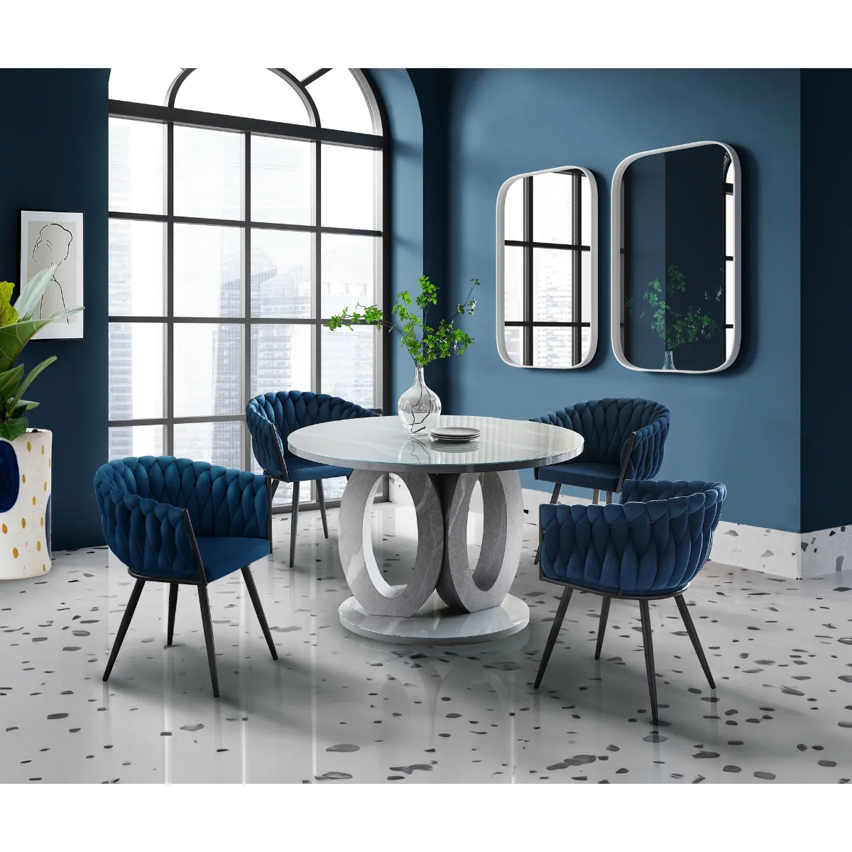 Round Glass & Faux Carrara Marble Dining Table - Seats 4, Modern Design