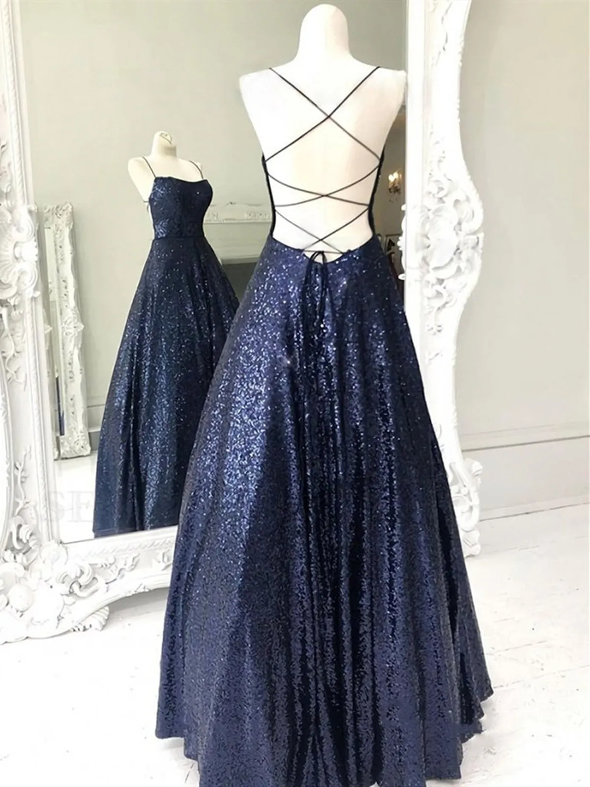 Shiny A Line Open Back Navy Blue Long Prom, Sparkly Backless Navy Blue Formal Evening