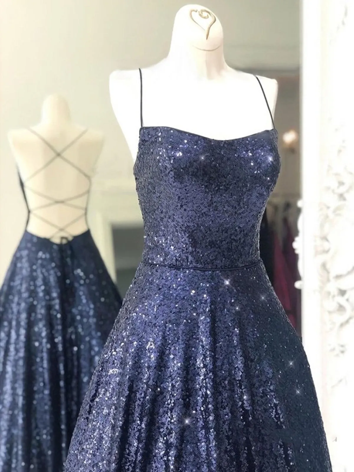 Shiny A Line Open Back Navy Blue Long Prom, Sparkly Backless Navy Blue Formal Evening