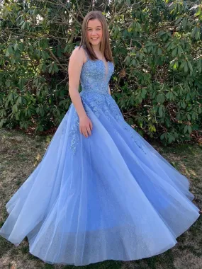 Shiny V Neck Long Blue Lace Prom, Blue Lace Formal Graduation Evening