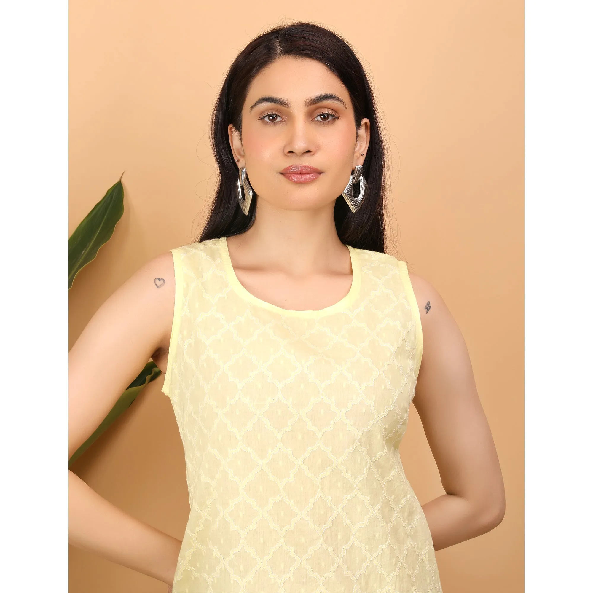 Shwet Women Yellow Chikankari Sleevless Top