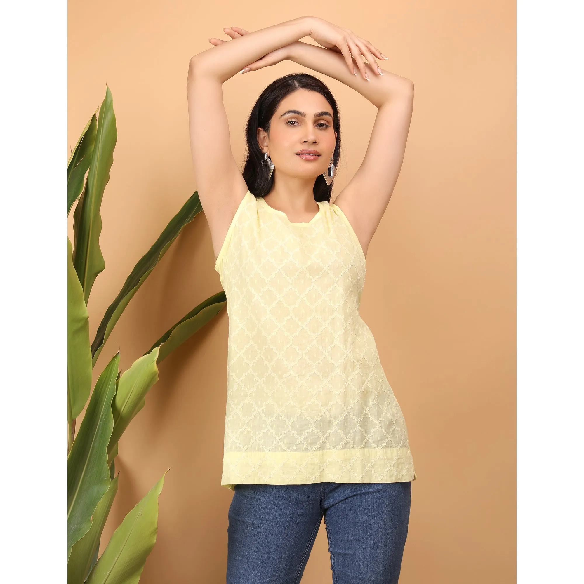 Shwet Women Yellow Chikankari Sleevless Top