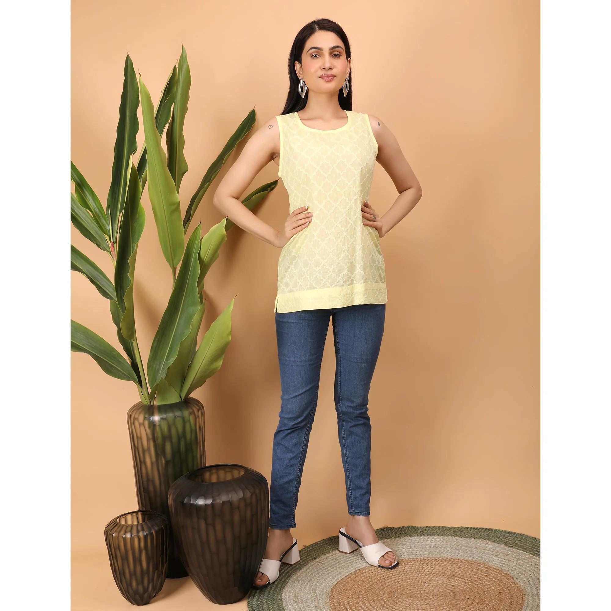 Shwet Women Yellow Chikankari Sleevless Top