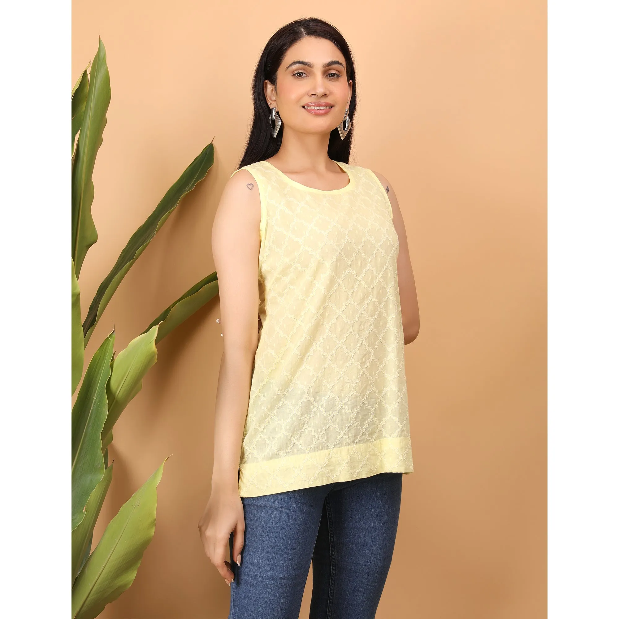 Shwet Women Yellow Chikankari Sleevless Top