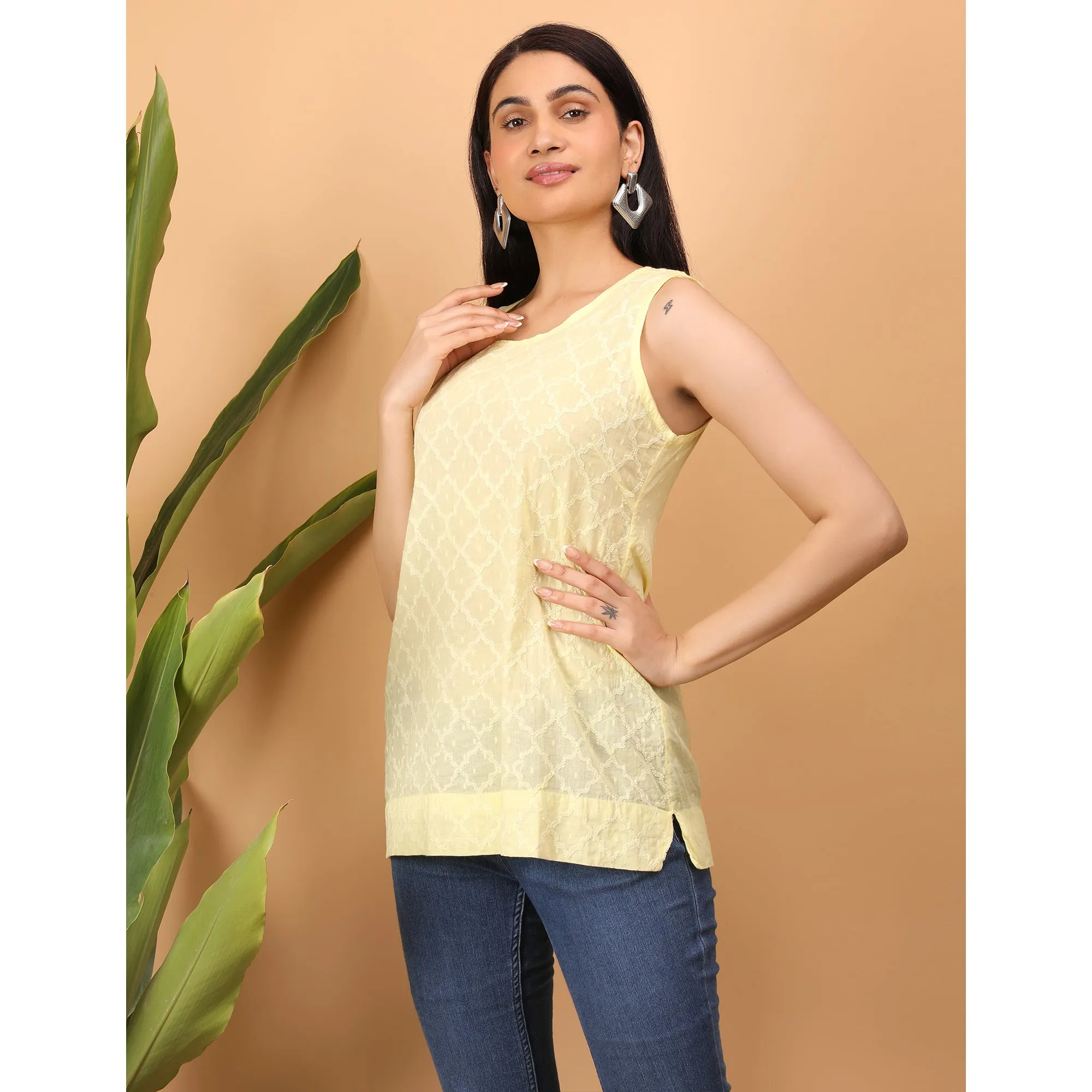 Shwet Women Yellow Chikankari Sleevless Top