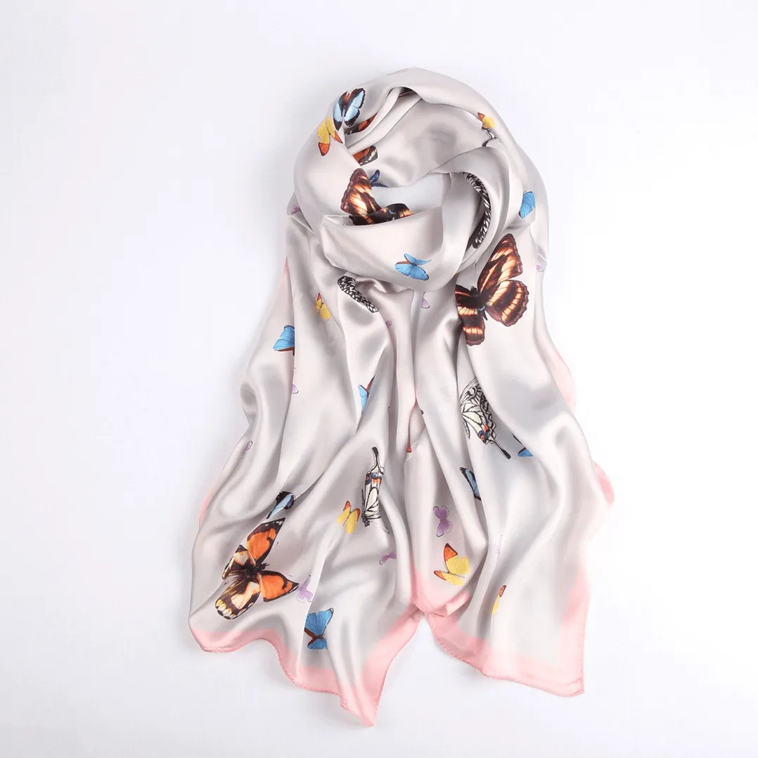 Silk Scarf Collections|Blossom Range|Butterfly Design|Silver|Long Silk Scarf