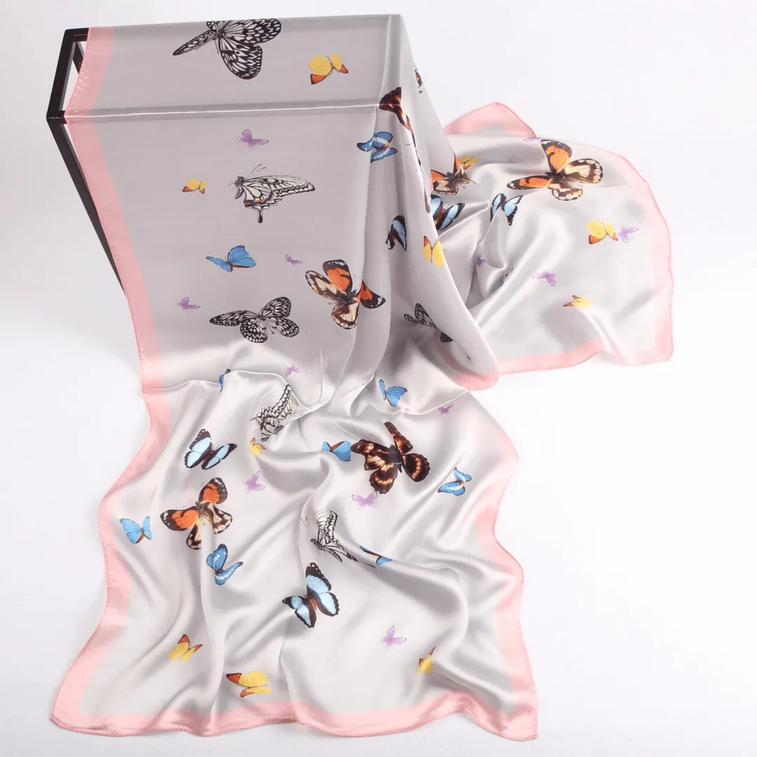 Silk Scarf Collections|Blossom Range|Butterfly Design|Silver|Long Silk Scarf