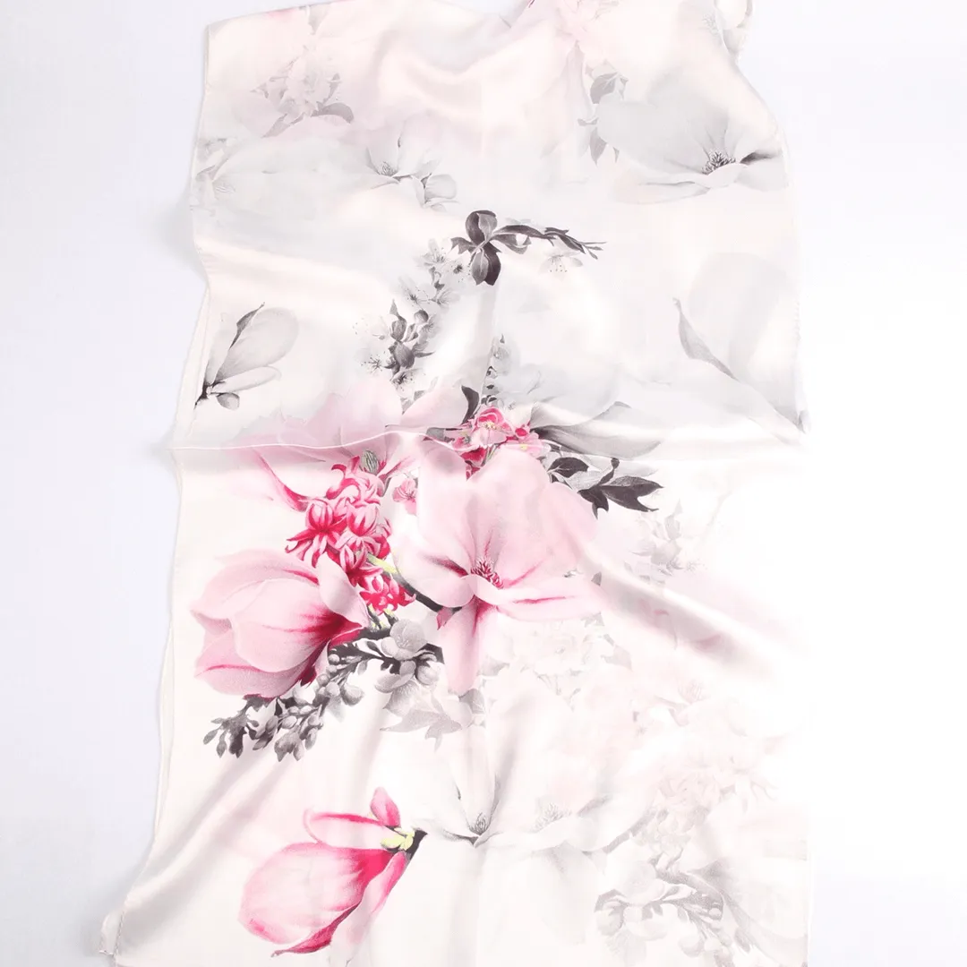 Silk Scarf Collections|Blossom Range|Magnolia Design|White|Long Silk Scarf