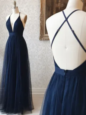 Simple A Line V Neck Backless Navy Blue Prom, Backless Navy Blue Formal, Evening