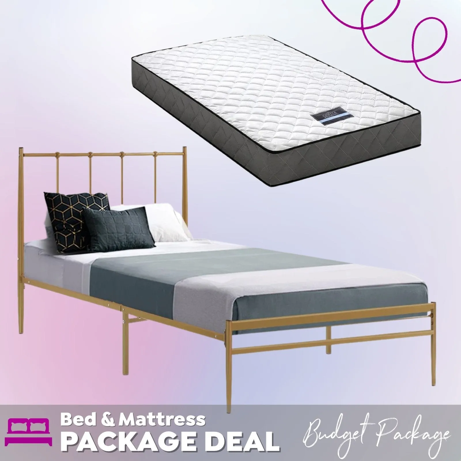 Single Package | Amor Bed Gold & Alzbeta Bonnell Spring Mattress (Medium Firm)