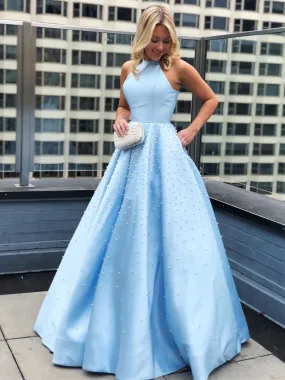 Sky Blue Halter Neck Beaded Long Prom, Elegant Sky Blue Formal, Evening