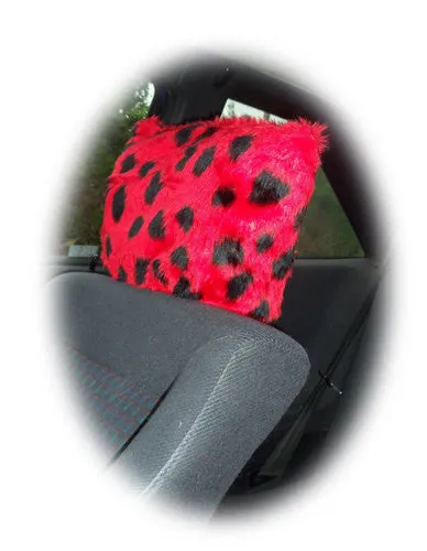 Spotty ladybird fuzzy faux fur car headrest covers red and black spots