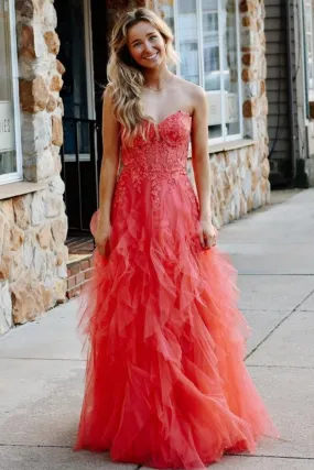 Strapless Coral Lace Long Prom Dress, Coral Lace Formal Dress, Long Coral Evening Dress WT2148