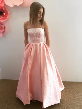 Strapless Lace Top Pink Satin Long Prom, Strapless Pink Lace Formal, Pink Lace Evening