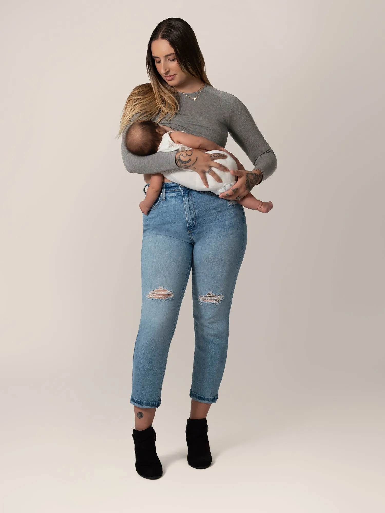 Sublime® Bamboo Maternity & Nursing Cropped Long Sleeve Top | Charcoal