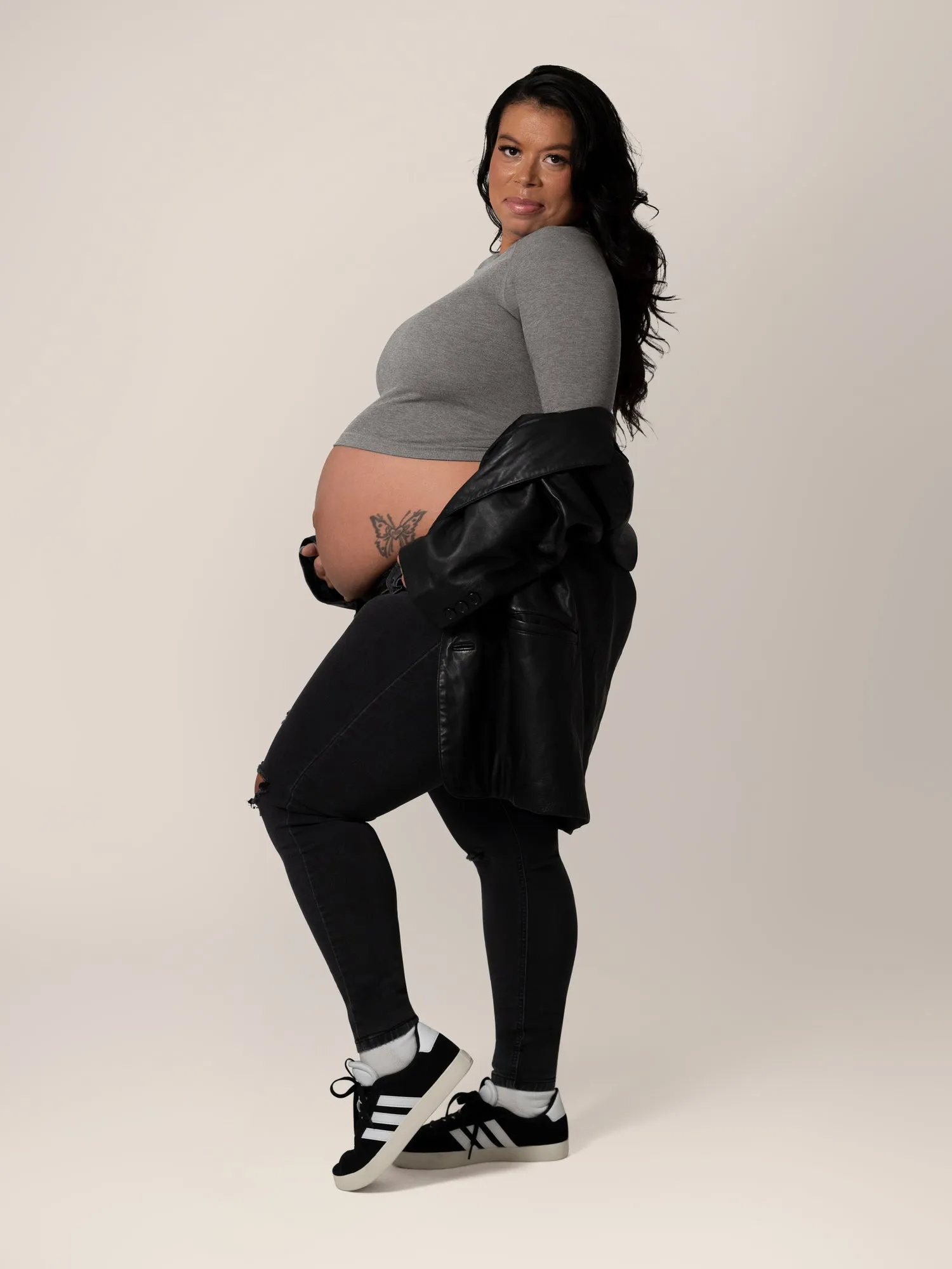 Sublime® Bamboo Maternity & Nursing Cropped Long Sleeve Top | Charcoal