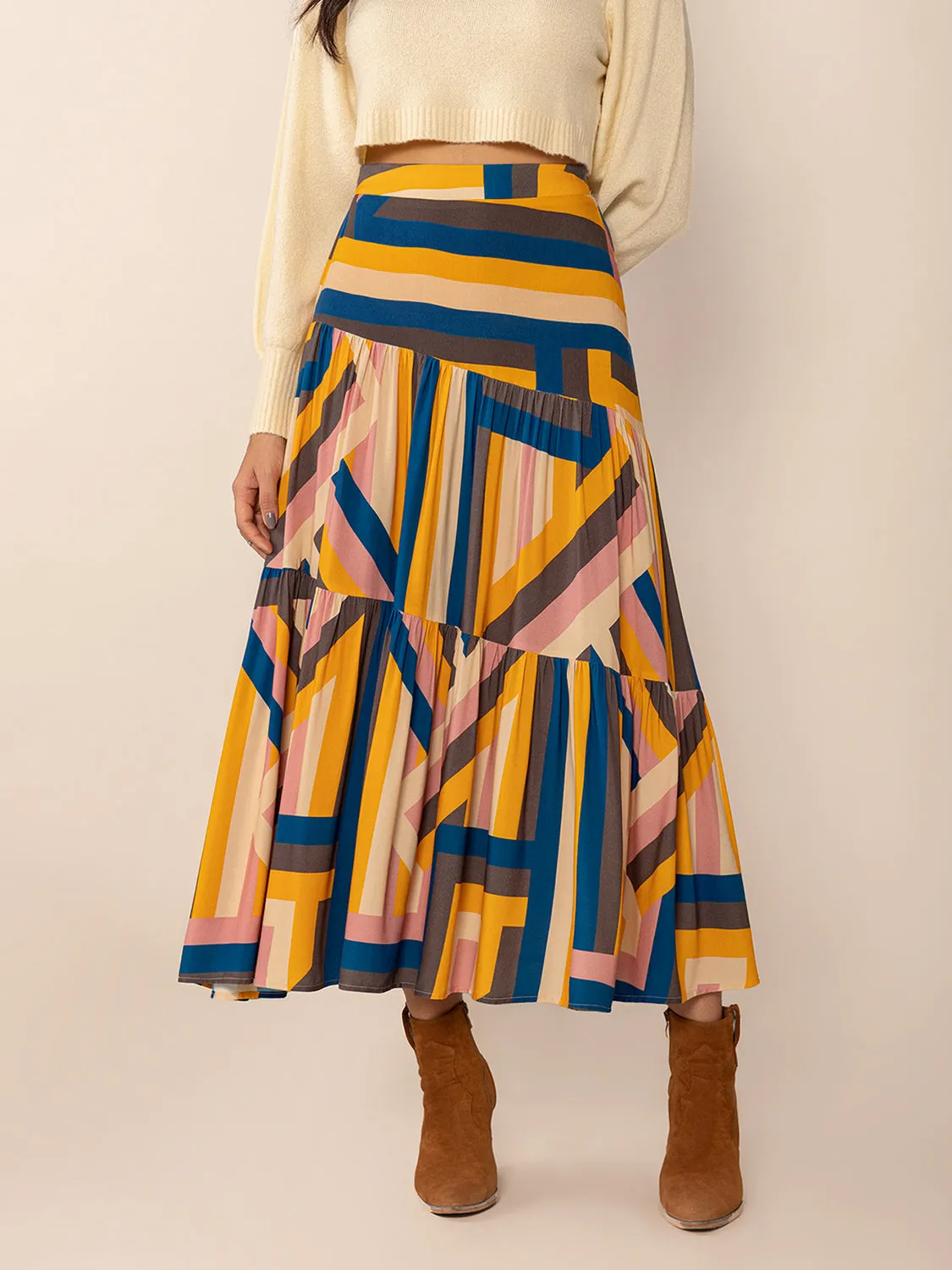 TEEK - Multicolor Ruched Elastic Waist Contrast Skirt