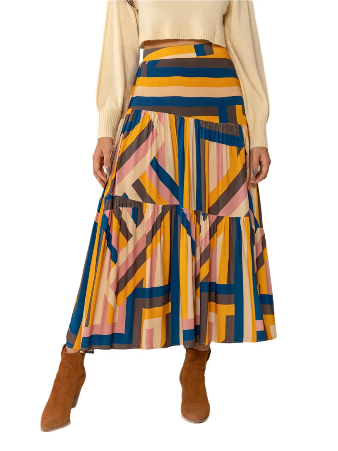 TEEK - Multicolor Ruched Elastic Waist Contrast Skirt