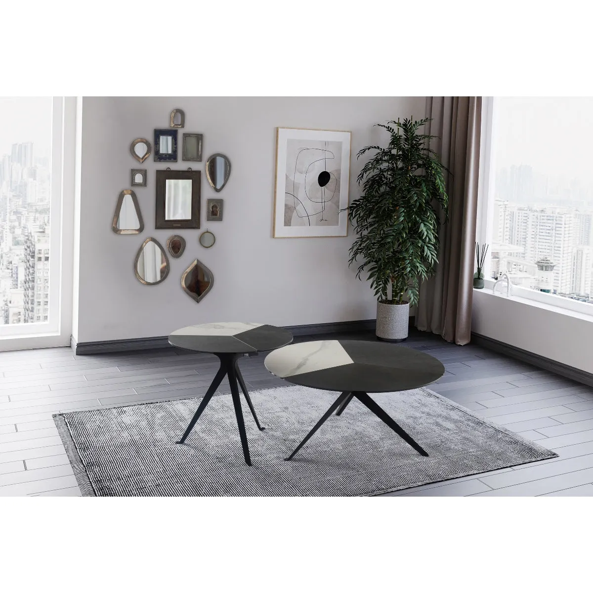 Tri-Tone Modern Round End Table with Ceramic Top