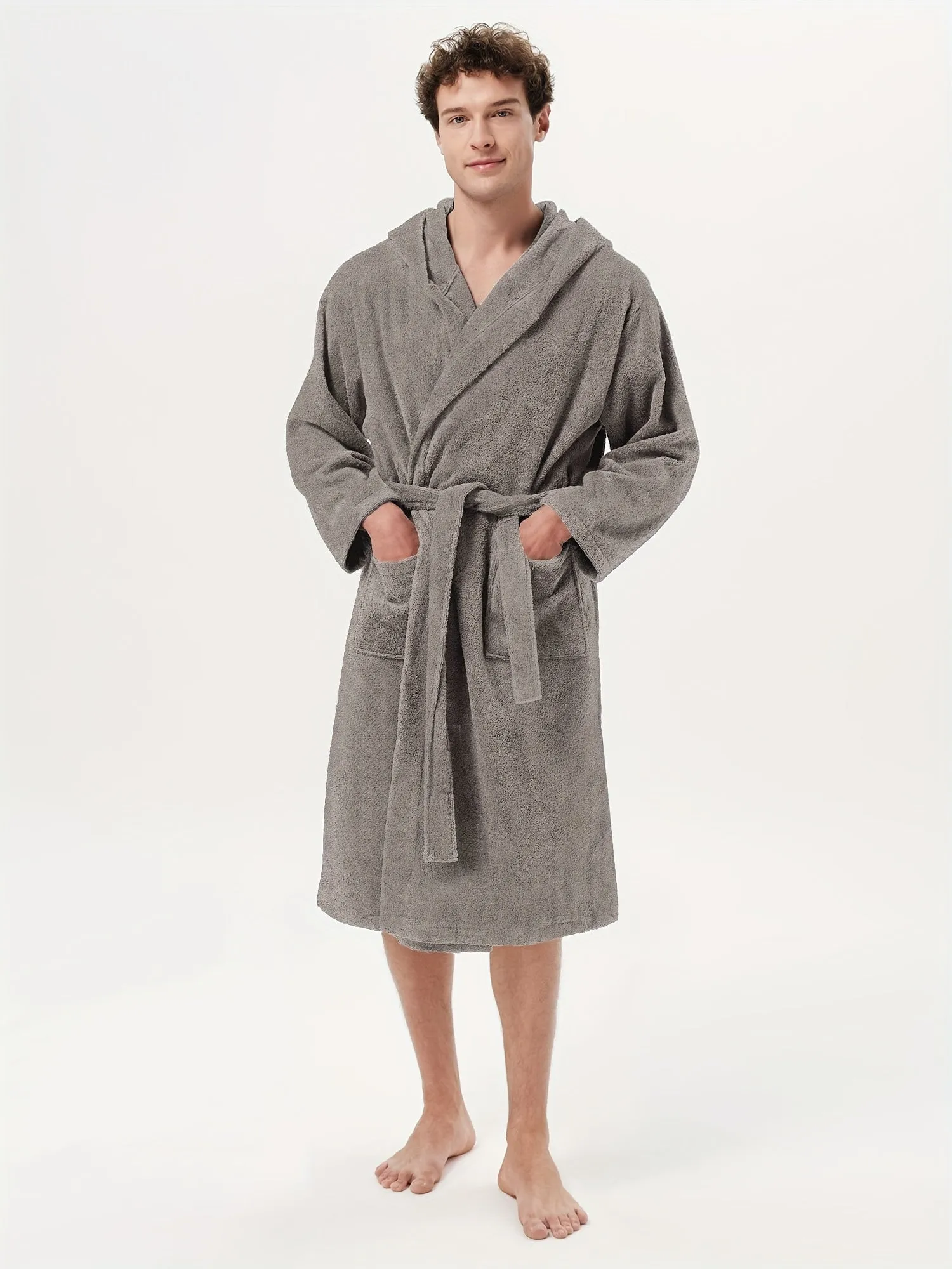 Ultra-Soft Terry Cloth Bath Robe - Men's Cotton Hooded Long Sleeves Knee Length Housecoat - Plush, Fluffy, and Absorbent for Ultimate Relaxation