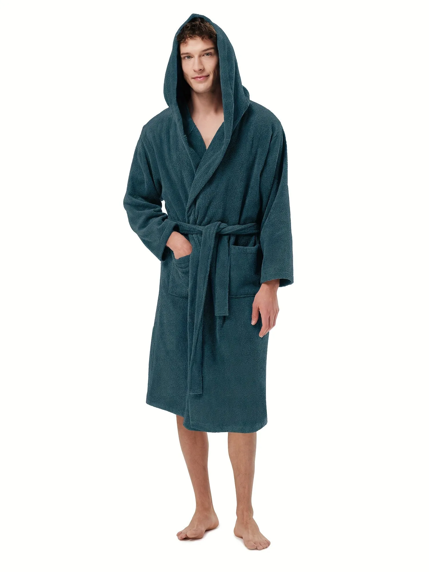 Ultra-Soft Terry Cloth Bath Robe - Men's Cotton Hooded Long Sleeves Knee Length Housecoat - Plush, Fluffy, and Absorbent for Ultimate Relaxation