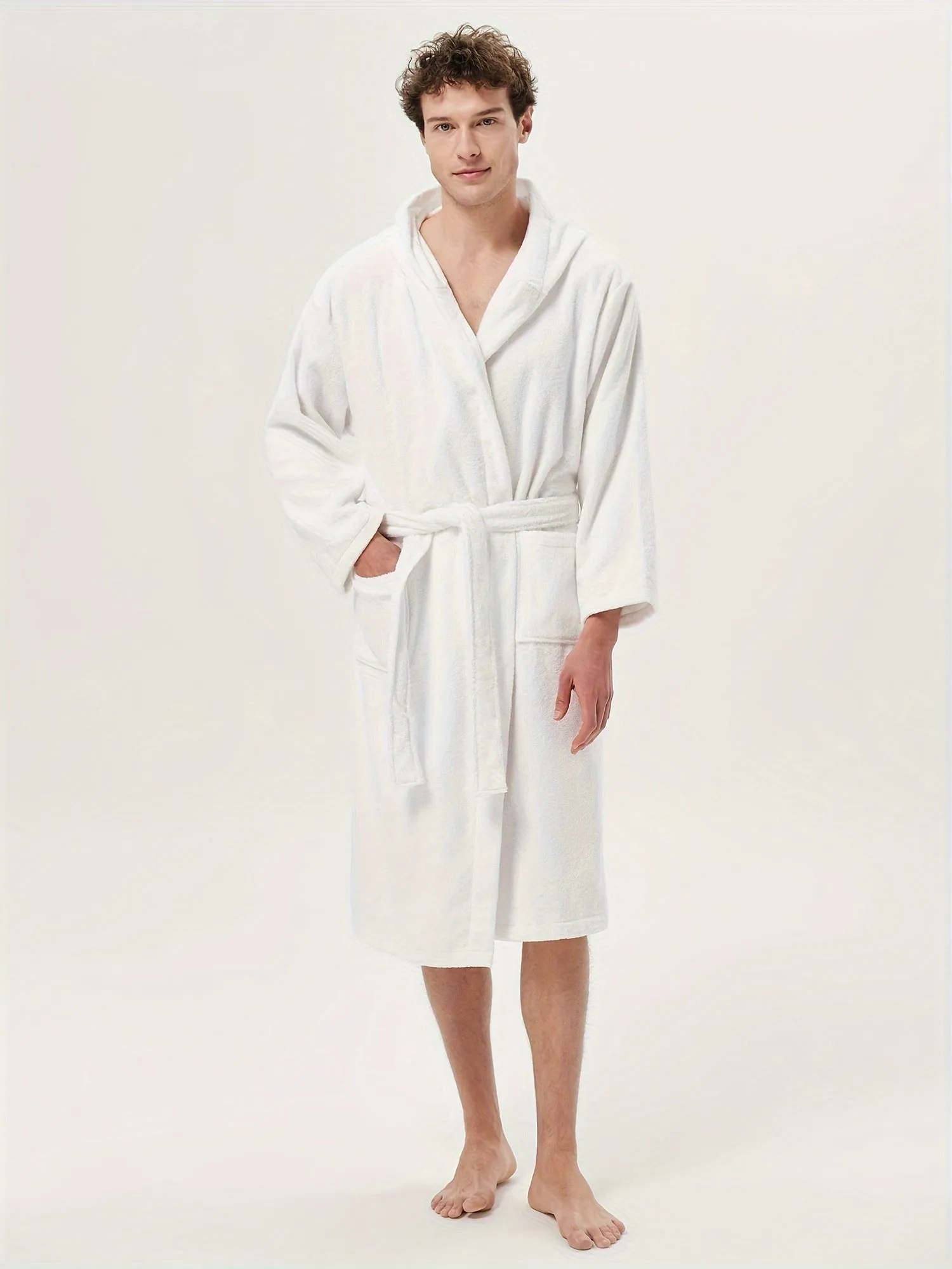 Ultra-Soft Terry Cloth Bath Robe - Men's Cotton Hooded Long Sleeves Knee Length Housecoat - Plush, Fluffy, and Absorbent for Ultimate Relaxation