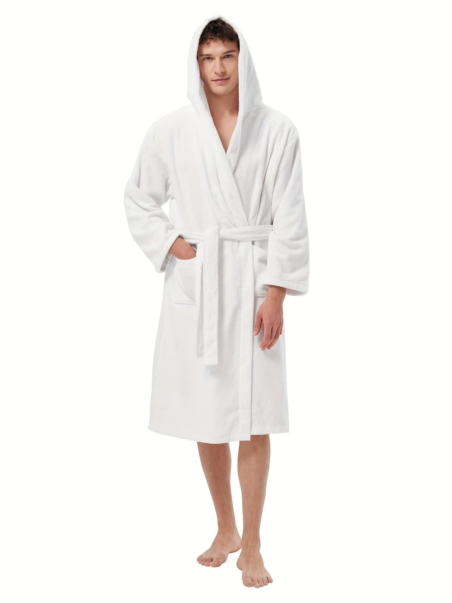 Ultra-Soft Terry Cloth Bath Robe - Men's Cotton Hooded Long Sleeves Knee Length Housecoat - Plush, Fluffy, and Absorbent for Ultimate Relaxation