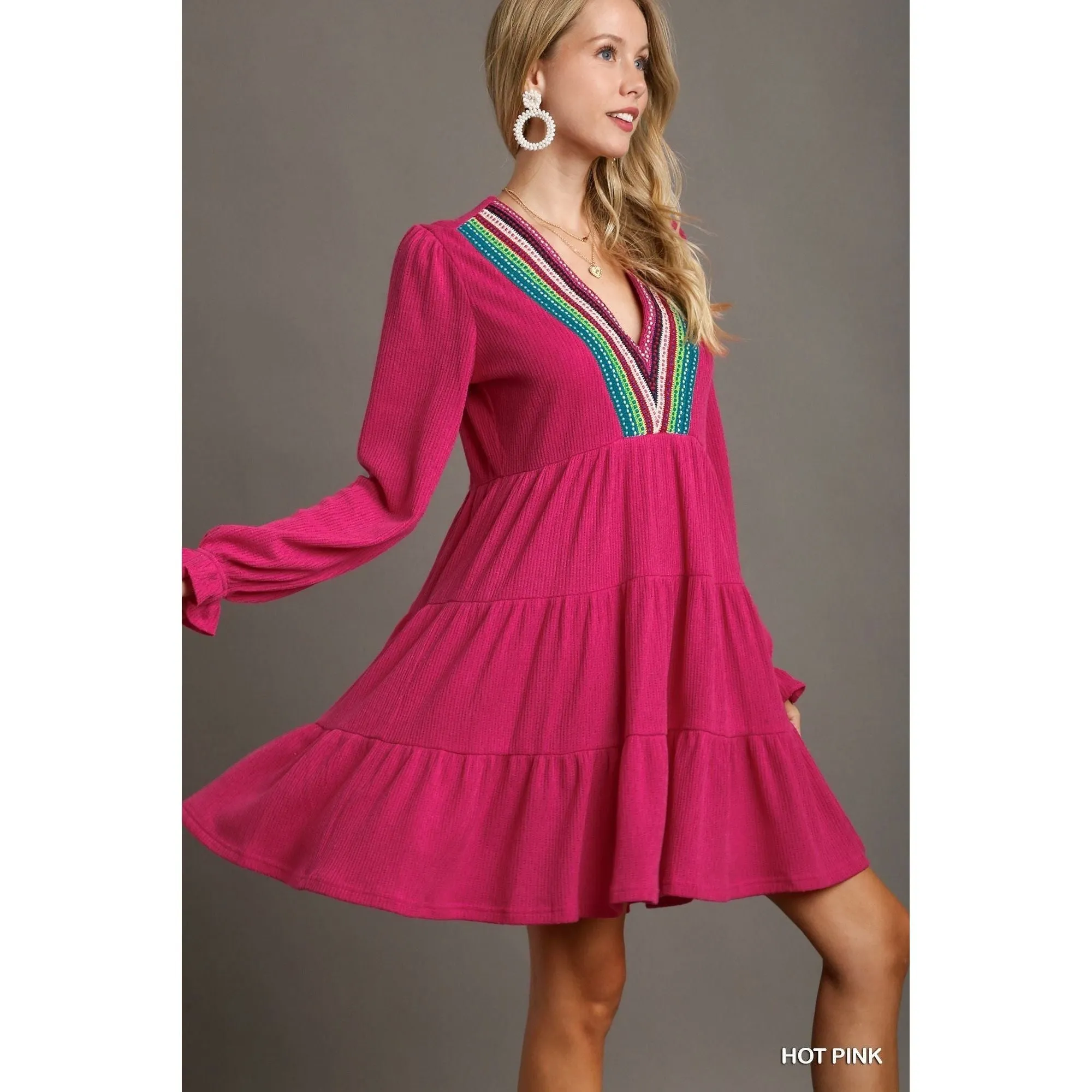 Umgee Embroidered V Neck Tunic Dress