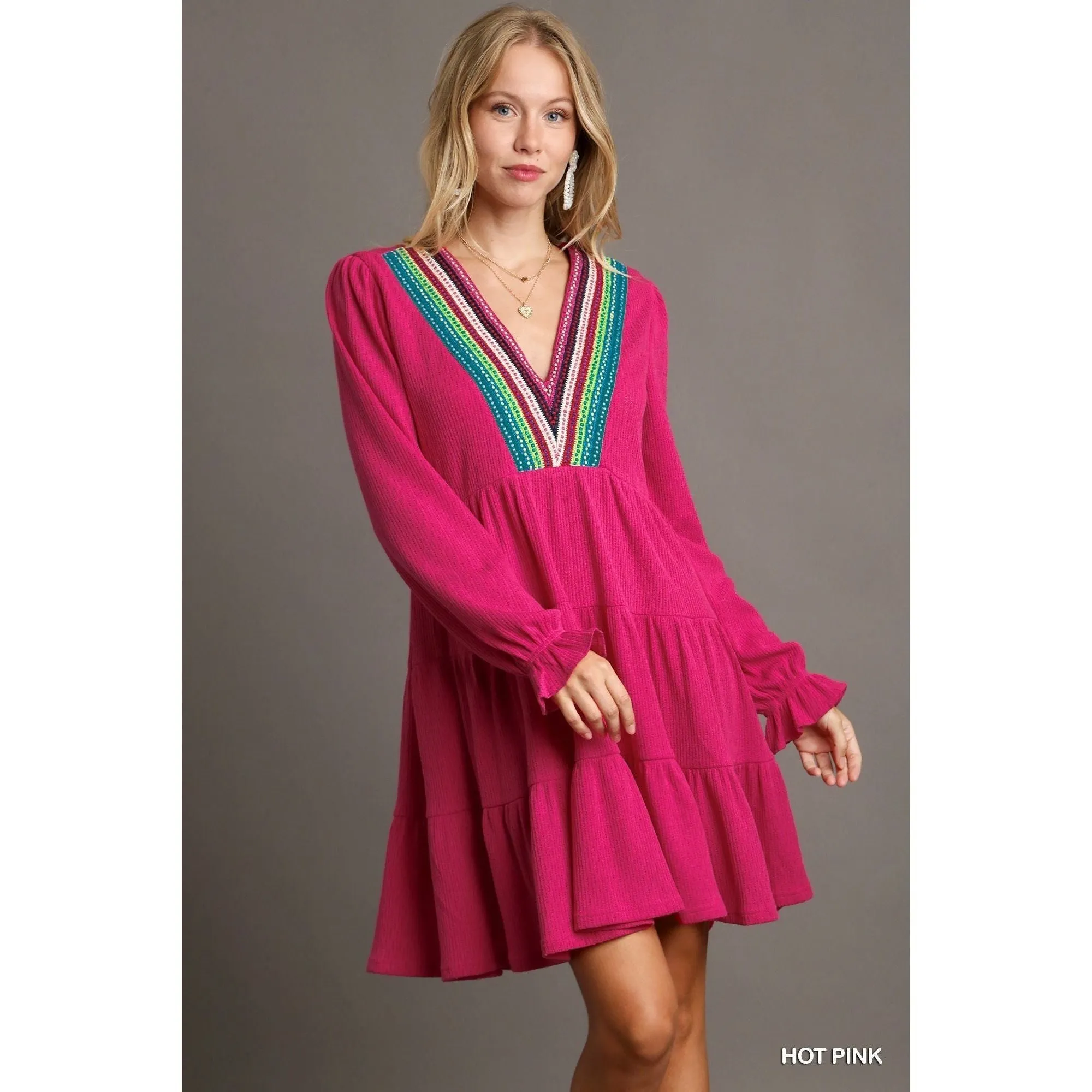 Umgee Embroidered V Neck Tunic Dress