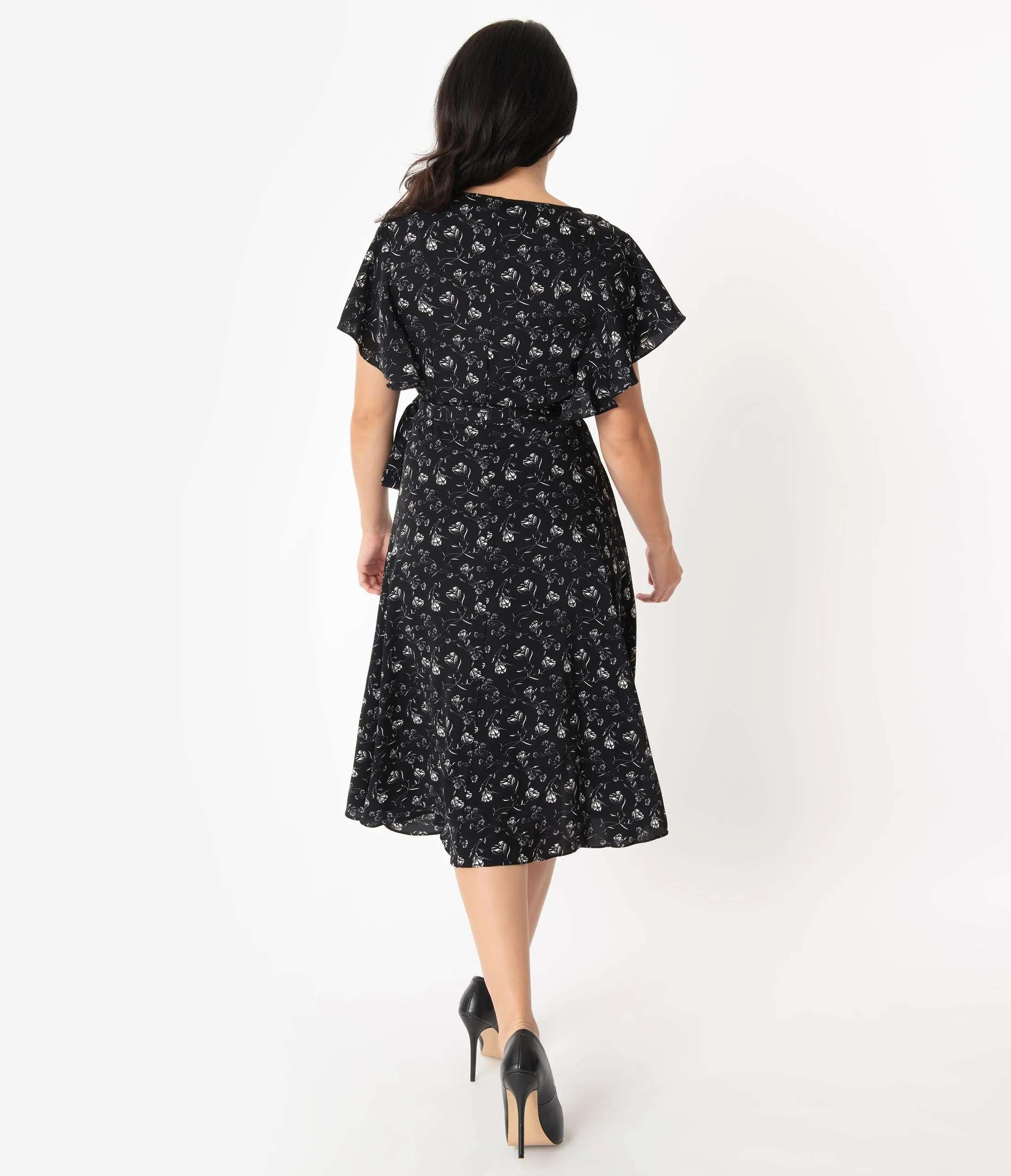 Unique Vintage 1940s Black & White Floral Luella Wrap Dress