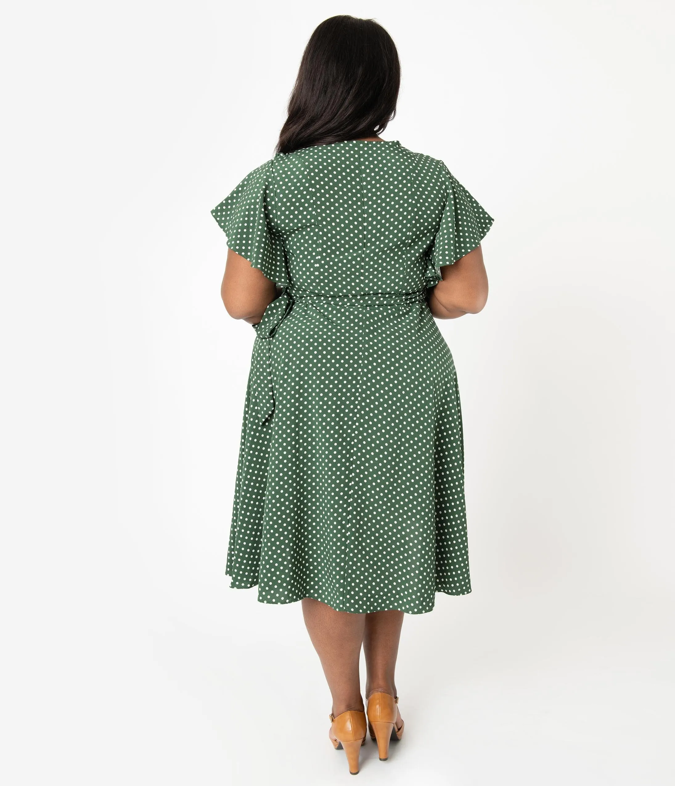 Unique Vintage Plus Size 1940s Green & White Polka Dot Luella Wrap Dress