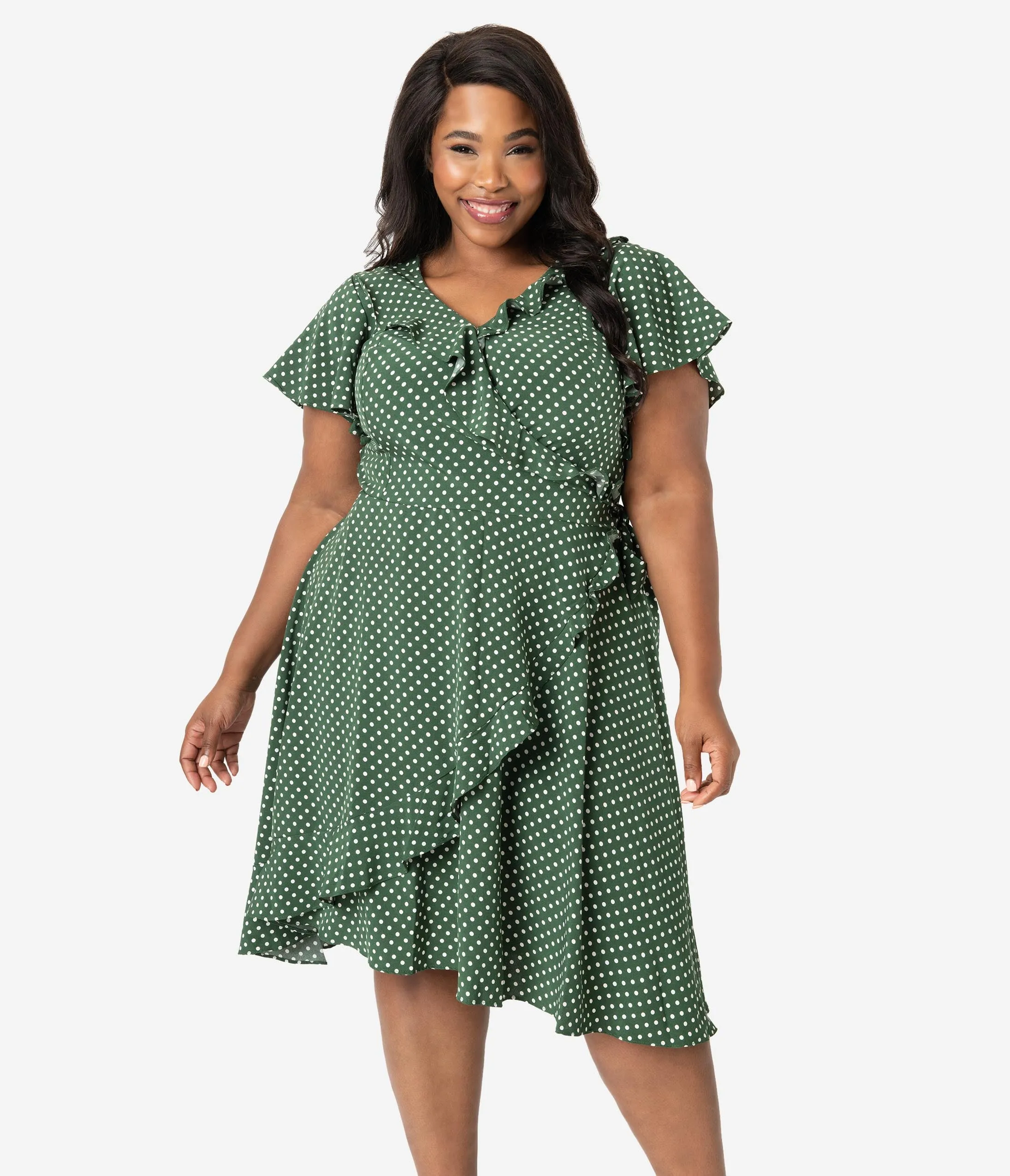 Unique Vintage Plus Size 1940s Green & White Polka Dot Luella Wrap Dress