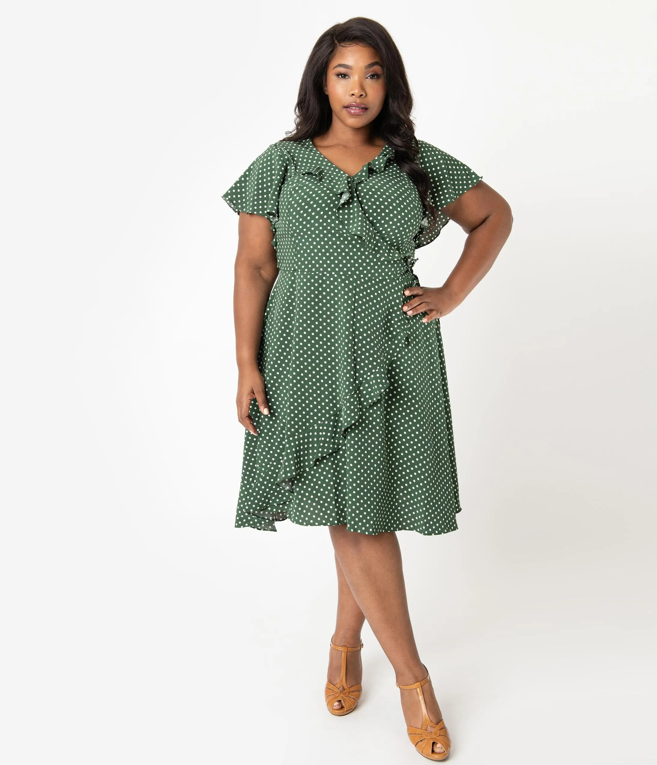 Unique Vintage Plus Size 1940s Green & White Polka Dot Luella Wrap Dress