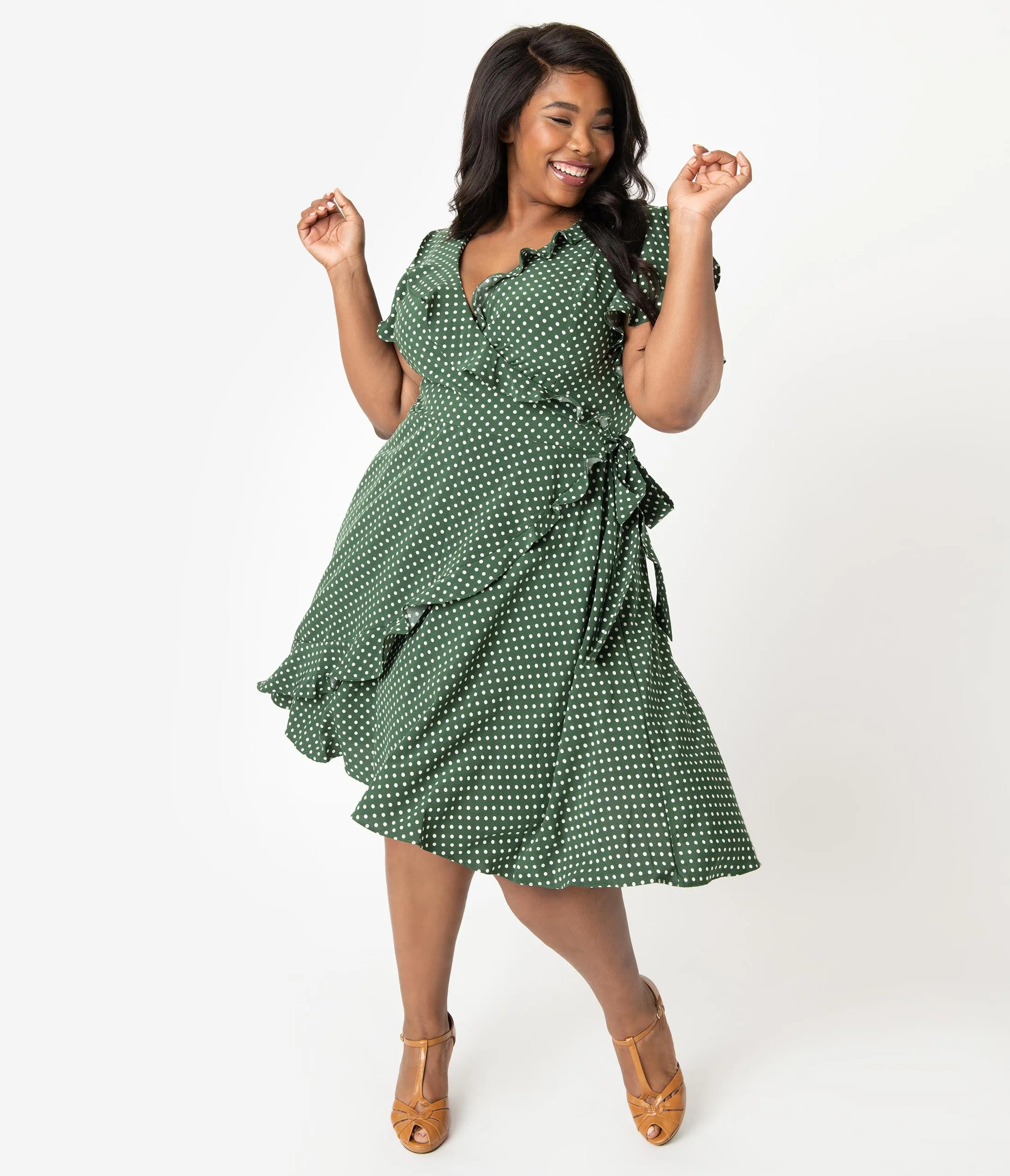 Unique Vintage Plus Size 1940s Green & White Polka Dot Luella Wrap Dress