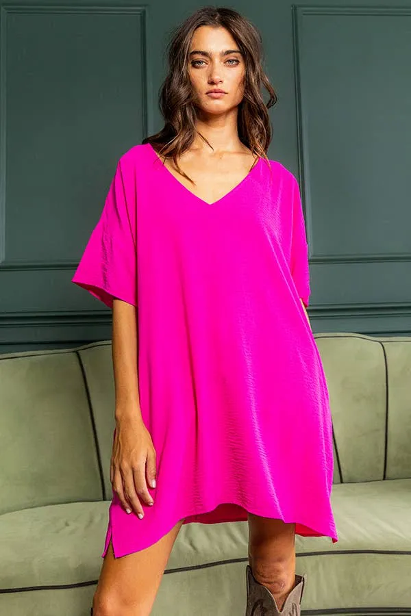 V-neck Short Sleeve Oversize T-shirt Dress FUCHSIA