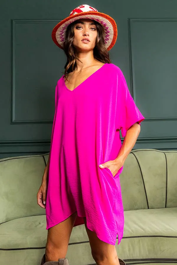 V-neck Short Sleeve Oversize T-shirt Dress FUCHSIA