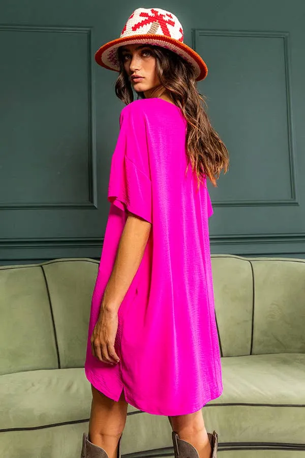 V-neck Short Sleeve Oversize T-shirt Dress FUCHSIA